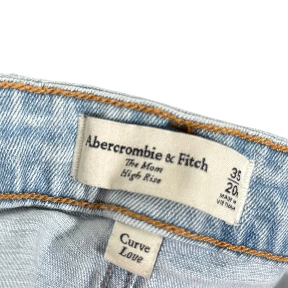 Abercrombie & Fitch Mom High Rise Jeans Womens 35 | 20R Blue Curve Love Raw Hem